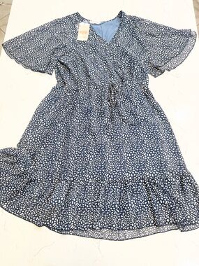KIRUNDO navy blue & white printed midi dress